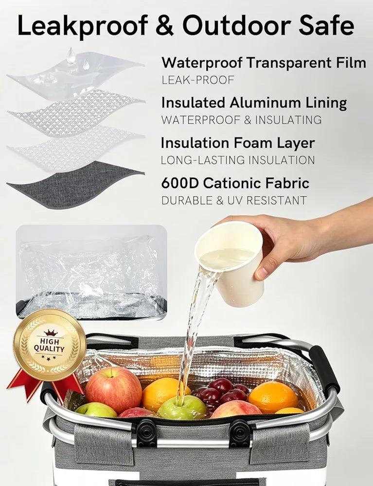 Insulated Picnic Basket, Leak-Proof Collapsible Cooler Bag, 26L