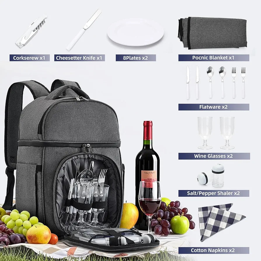 Vogano Picnic Backpack & Accessories – Insulated Picnic Set for 2