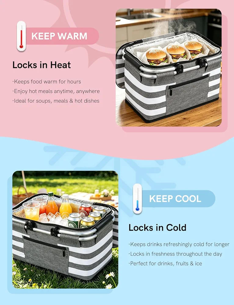 Insulated Picnic Basket, Leak-Proof Collapsible Cooler Bag, 26L