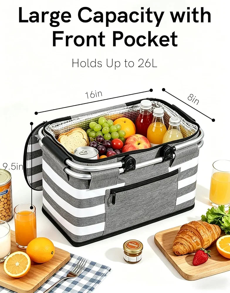 Insulated Picnic Basket, Leak-Proof Collapsible Cooler Bag, 26L