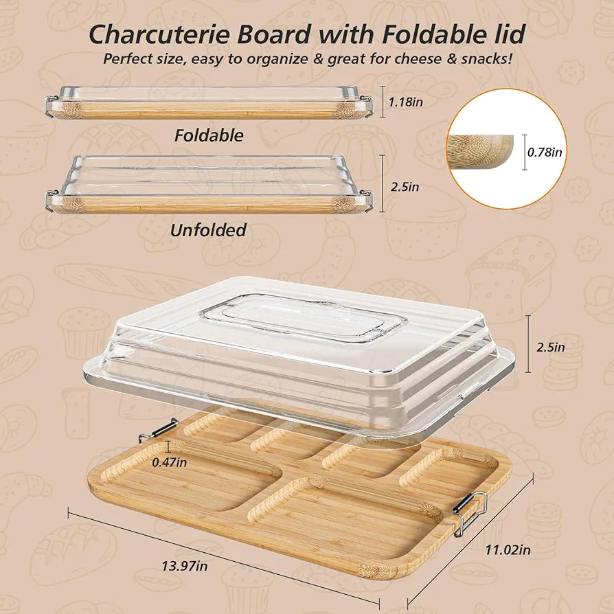 Charcuterie Board with Foldable Lid, 6 Compartments, Portable Bamboo