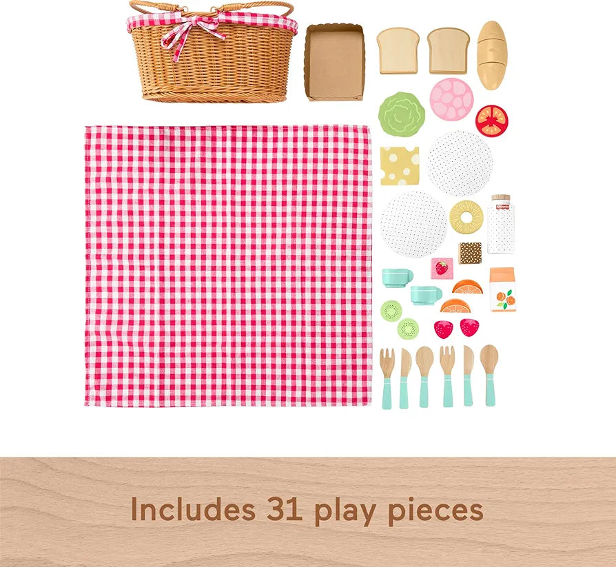 Fisher-Price Wood Pretend Play Toy Picnic Basket, 31-Piece Food Set