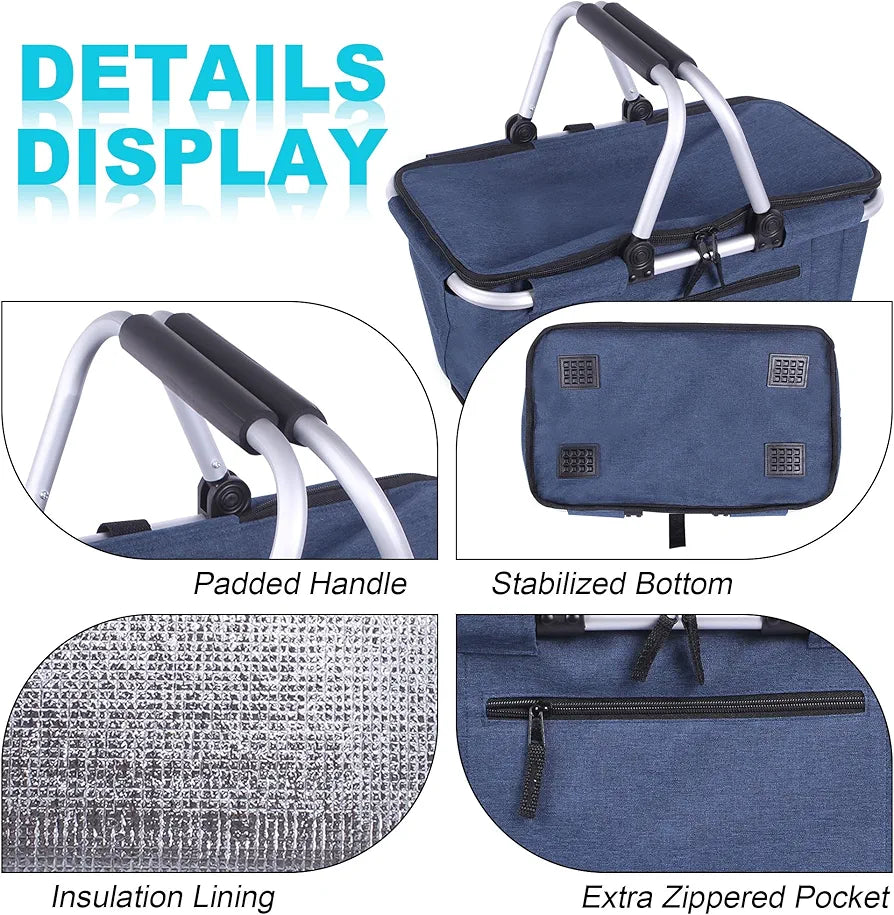 Picnic Basket, SIYUAN Collapsible Shopping Basket with Lid 27L Blue