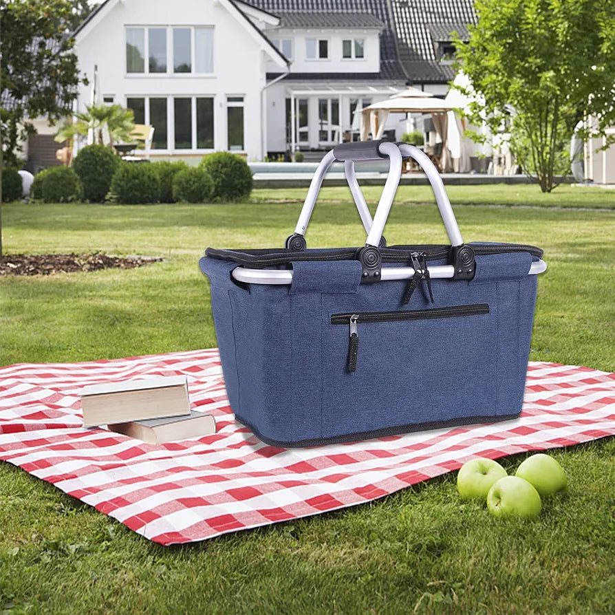 Picnic Basket, SIYUAN Collapsible Shopping Basket with Lid 27L Blue