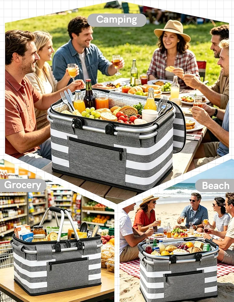 Insulated Picnic Basket, Leak-Proof Collapsible Cooler Bag, 26L