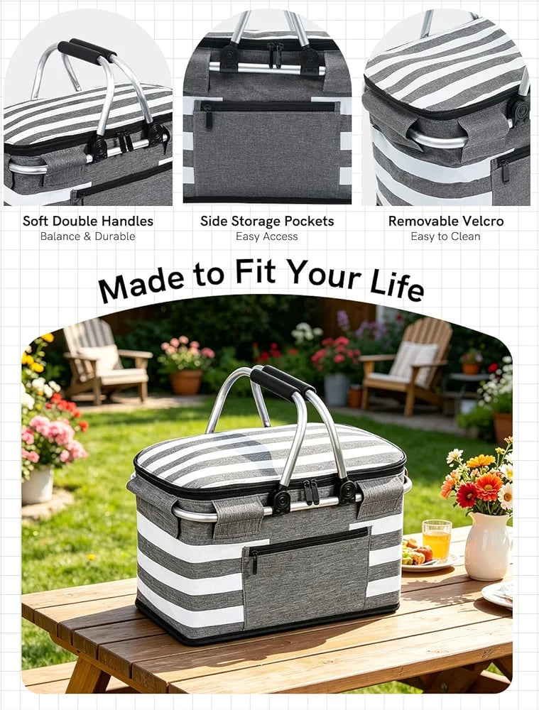 Insulated Picnic Basket, Leak-Proof Collapsible Cooler Bag, 26L