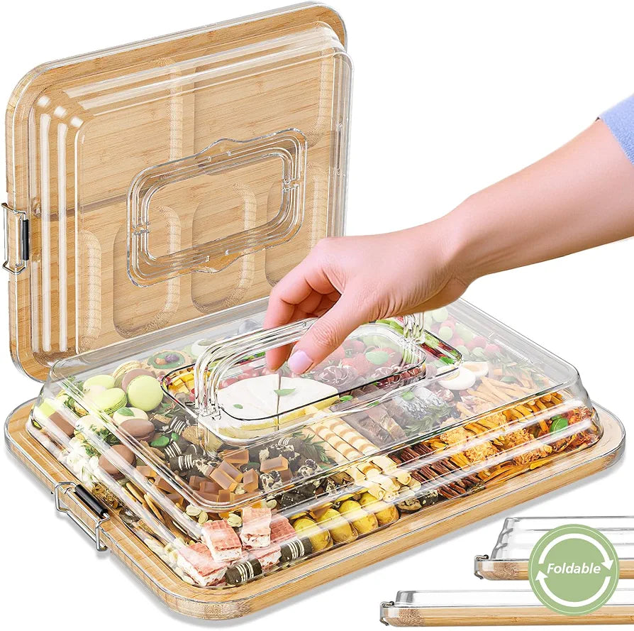 Charcuterie Board with Foldable Lid, 6 Compartments, Portable Bamboo