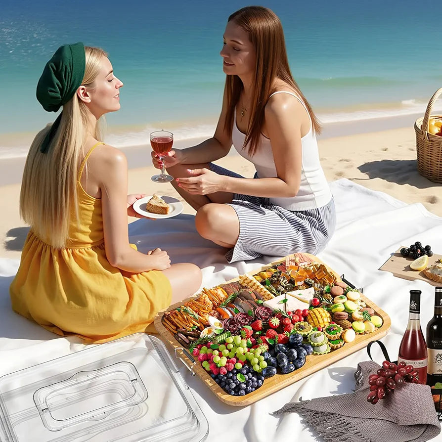 Charcuterie Board with Foldable Lid, 6 Compartments, Portable Bamboo