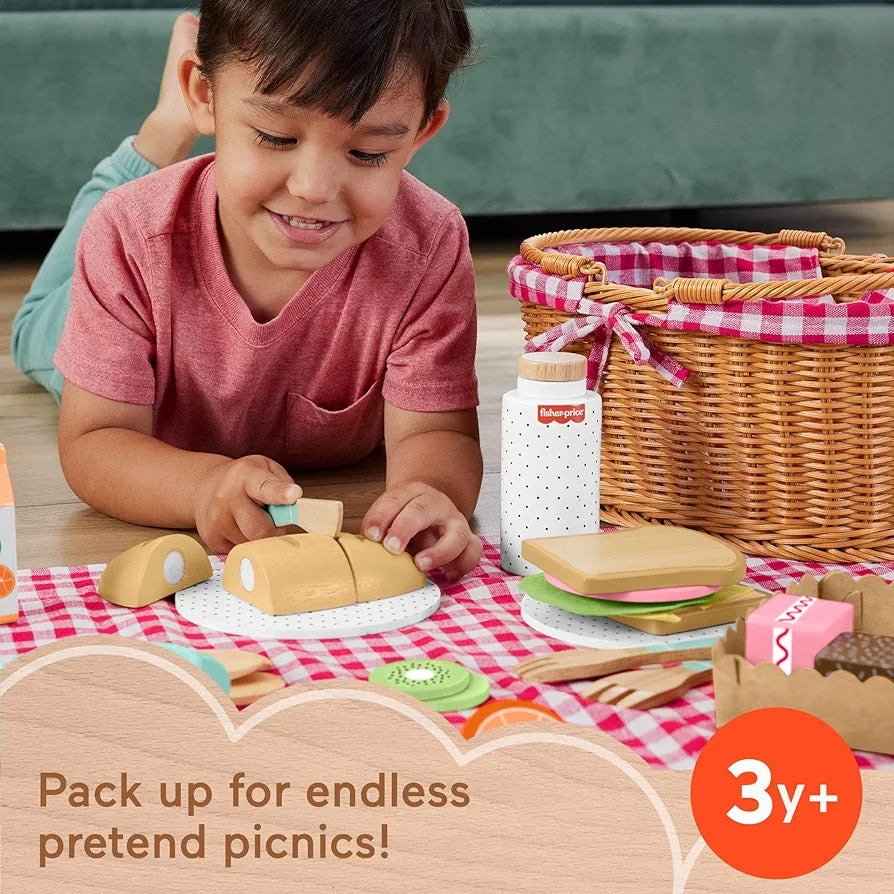 Fisher-Price Wood Pretend Play Toy Picnic Basket, 31-Piece Food Set
