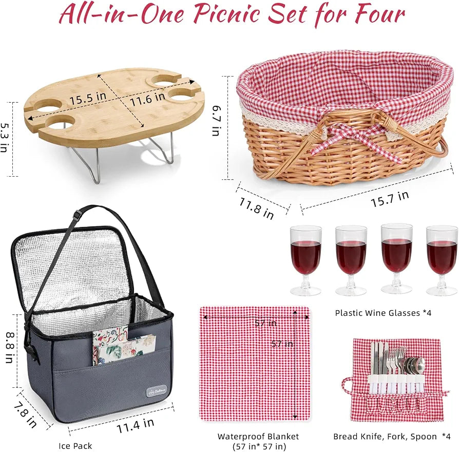 Family Picnic Basket for 4 with Table, Blanket, and Insulated Cooler