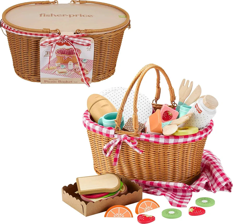 Fisher-Price Wood Pretend Play Toy Picnic Basket, 31-Piece Food Set