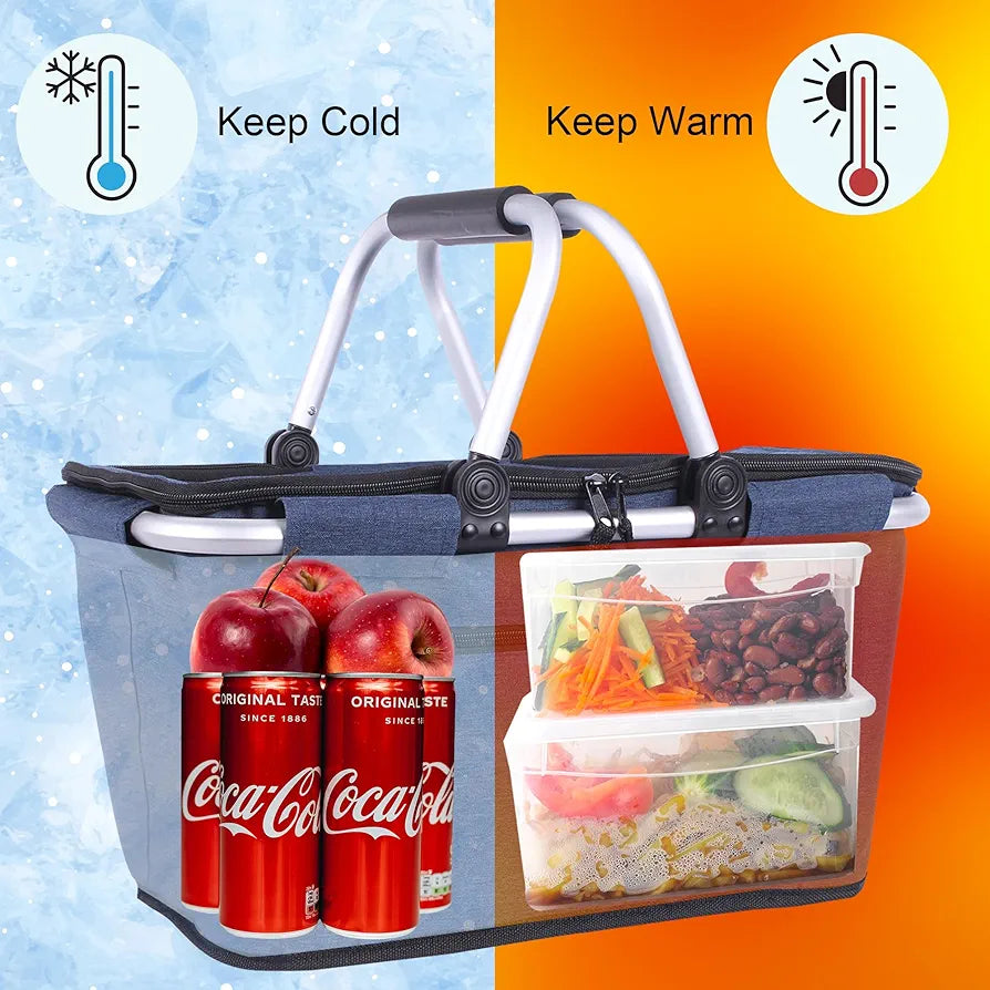 Picnic Basket, SIYUAN Collapsible Shopping Basket with Lid 27L Blue