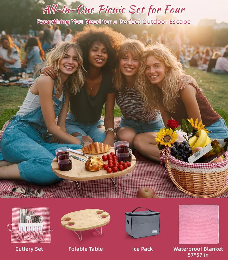 Family Picnic Basket for 4 with Table, Blanket, and Insulated Cooler
