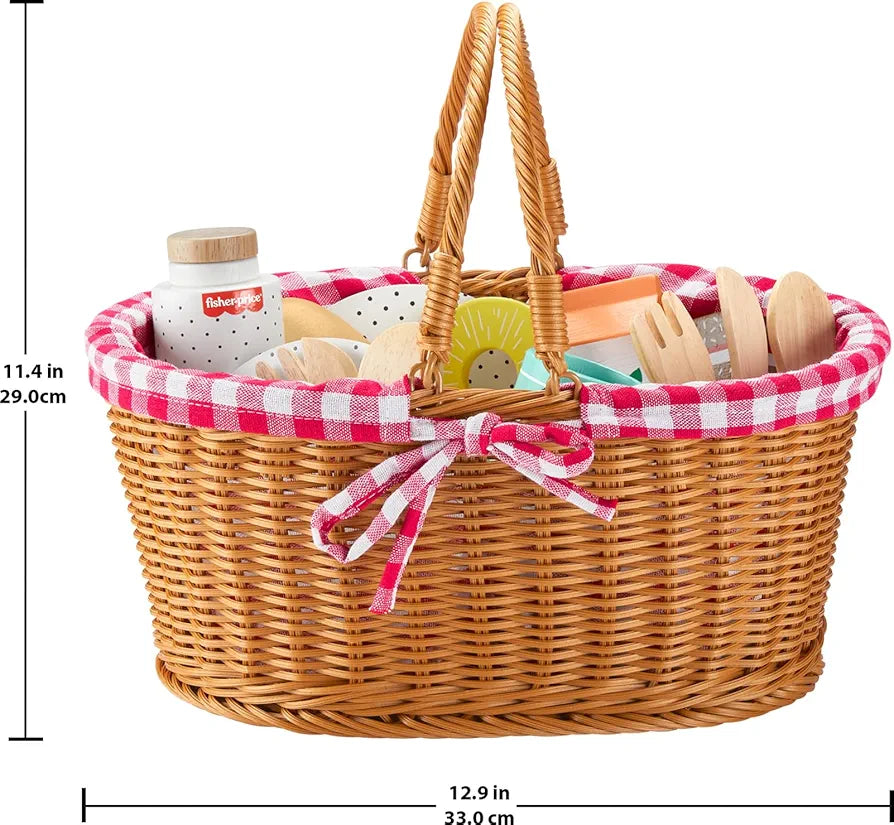 Fisher-Price Wood Pretend Play Toy Picnic Basket, 31-Piece Food Set