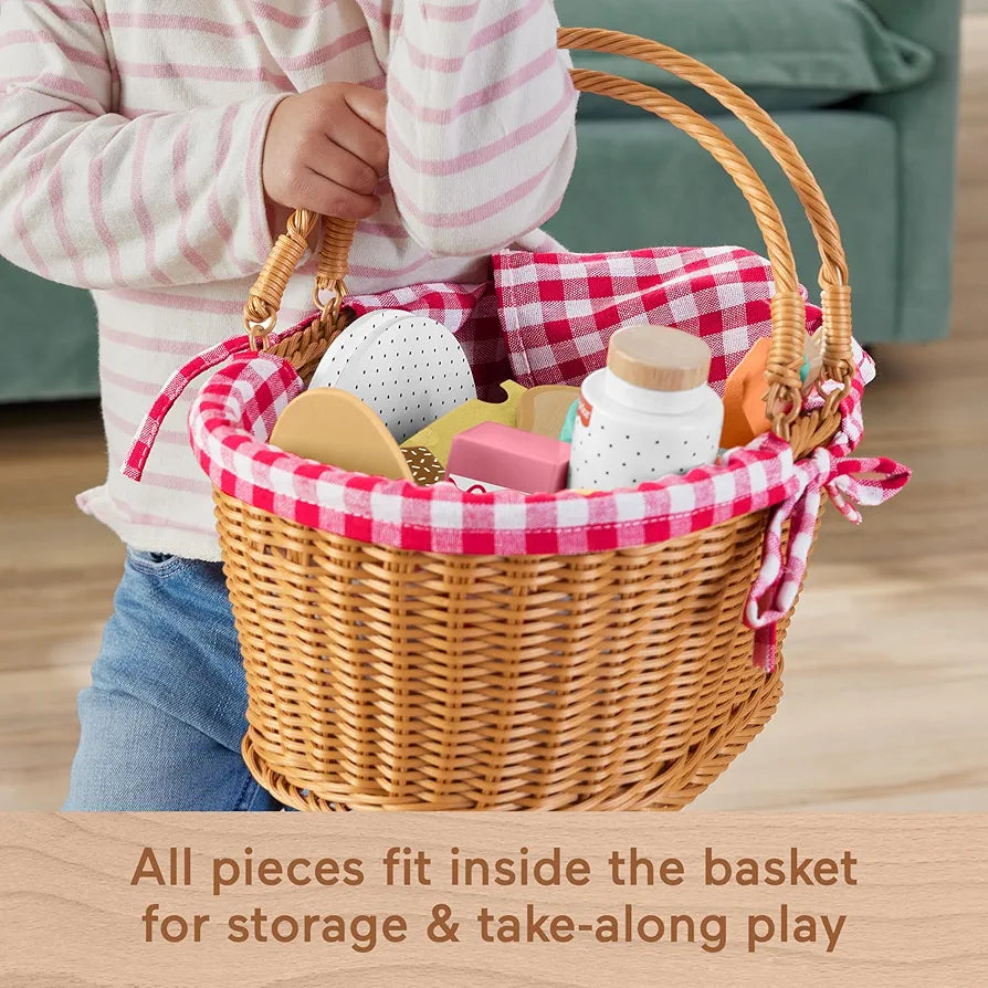 Fisher-Price Wood Pretend Play Toy Picnic Basket, 31-Piece Food Set