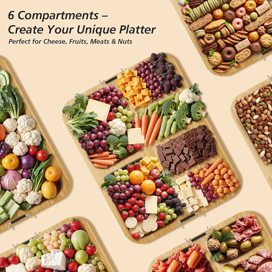 Charcuterie Board with Foldable Lid, 6 Compartments, Portable Bamboo