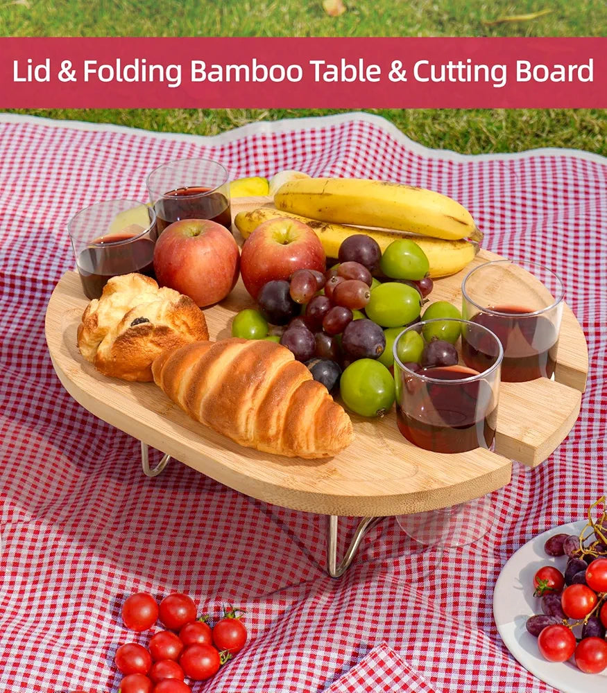 Family Picnic Basket for 4 with Table, Blanket, and Insulated Cooler