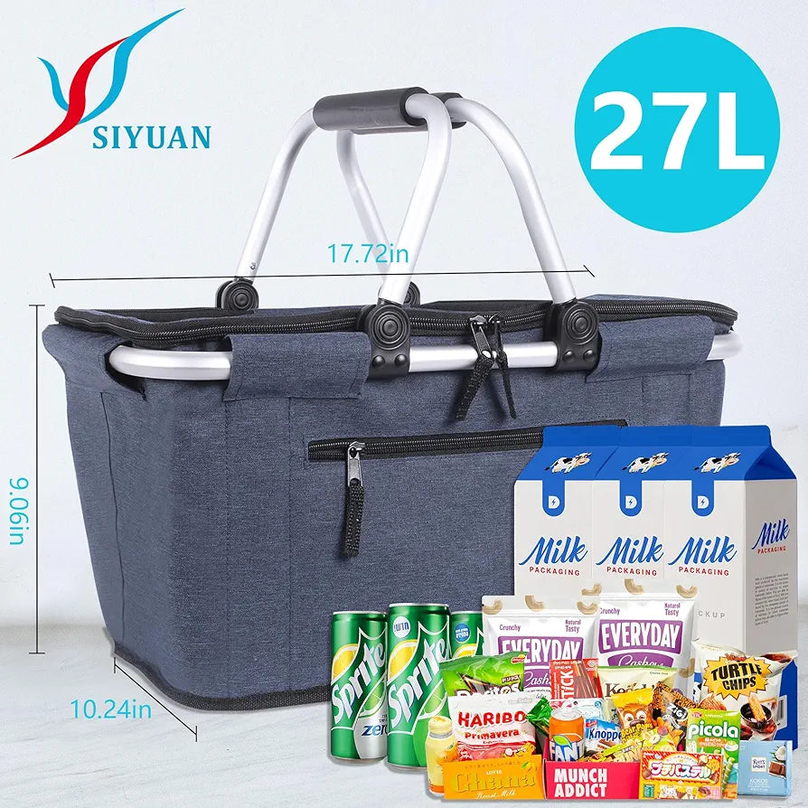 Picnic Basket, SIYUAN Collapsible Shopping Basket with Lid 27L Blue
