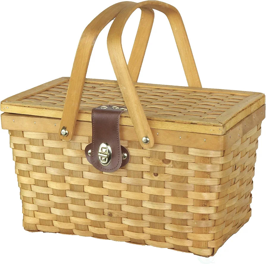 Wickerwise Gingham Lined Woodchip Picnic Basket with Lid and Handles