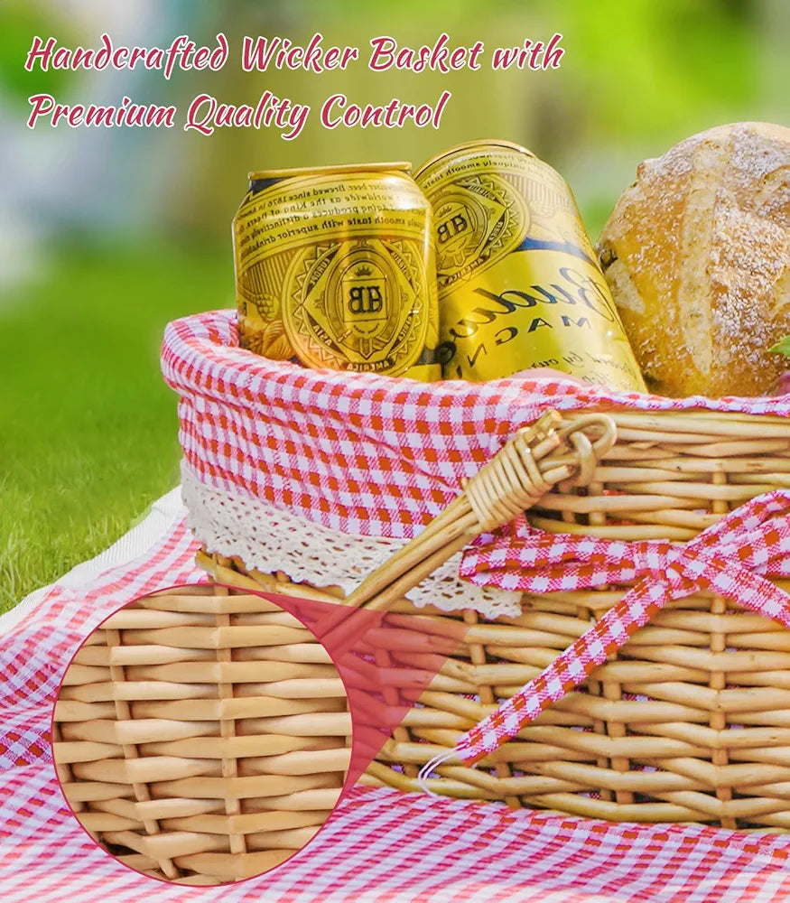 Family Picnic Basket for 4 with Table, Blanket, and Insulated Cooler