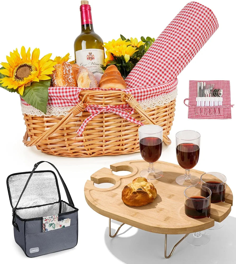 Family Picnic Basket for 4 with Table, Blanket, and Insulated Cooler