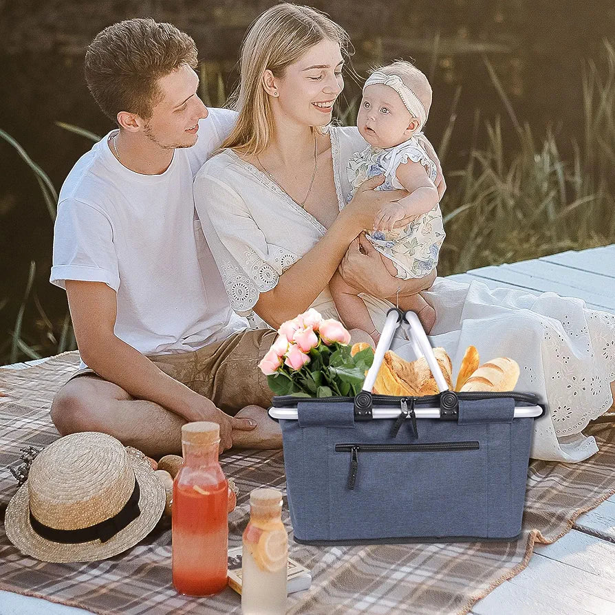 Picnic Basket, SIYUAN Collapsible Shopping Basket with Lid 27L Blue