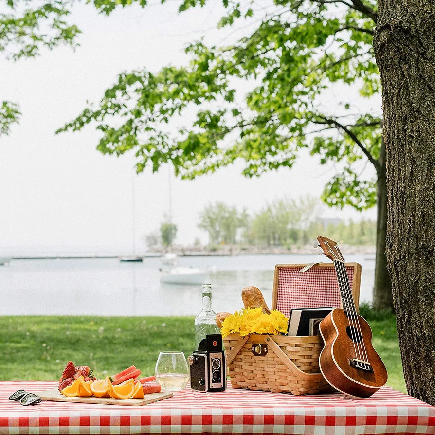 Wickerwise Gingham Lined Woodchip Picnic Basket with Lid and Handles