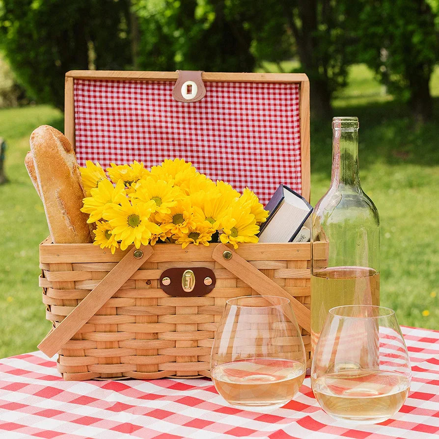 Wickerwise Gingham Lined Woodchip Picnic Basket with Lid and Handles