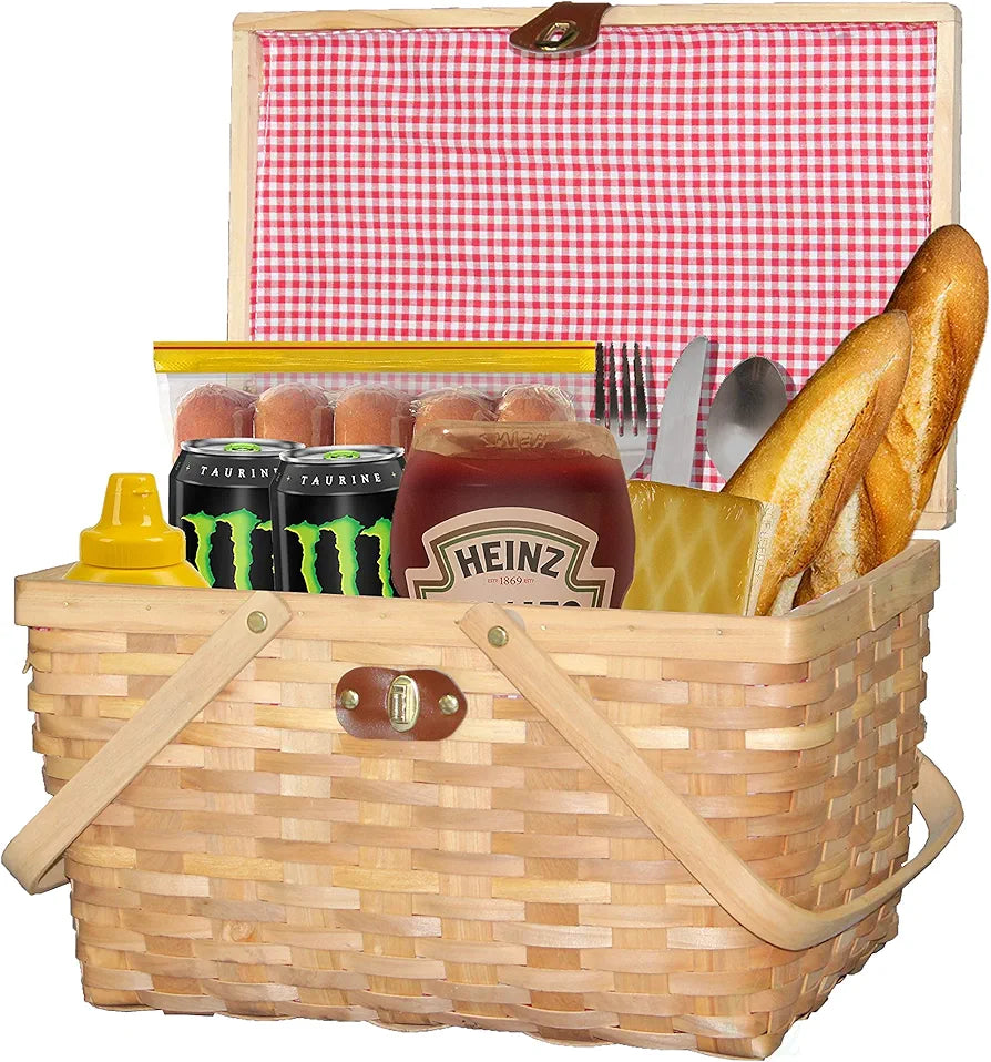 Wickerwise Gingham Lined Woodchip Picnic Basket with Lid and Handles
