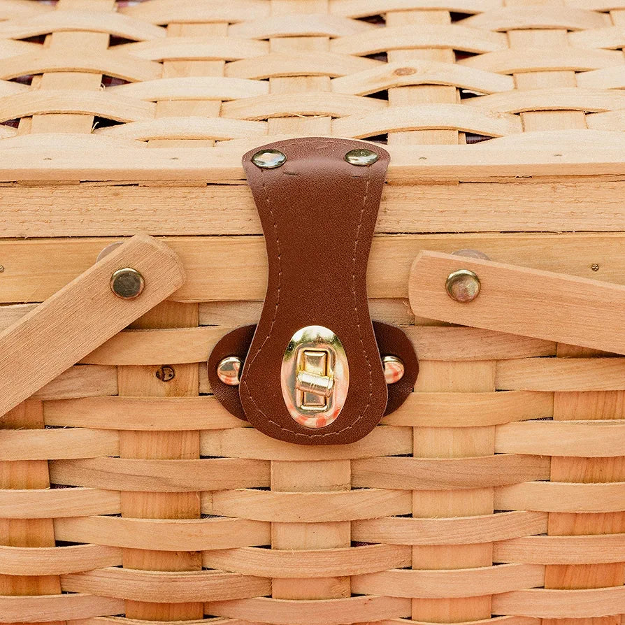 Wickerwise Gingham Lined Woodchip Picnic Basket with Lid and Handles